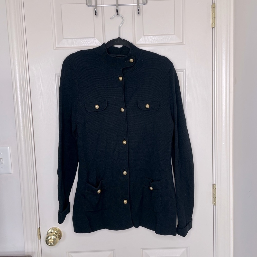 Vintage Bloomingdale’s black knit gold buttoned cardigan | XL